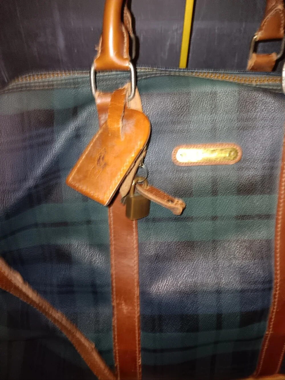 Polo by Ralph Lauren Green and Brown Plaid Leather-Trim Travel Bag With Lock Tag